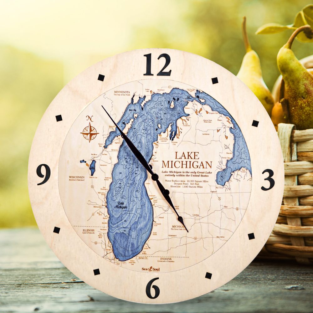 Lake Michigan Nautical Clock Birch Accent with Deep Blue Water on Table with Basket of Pears