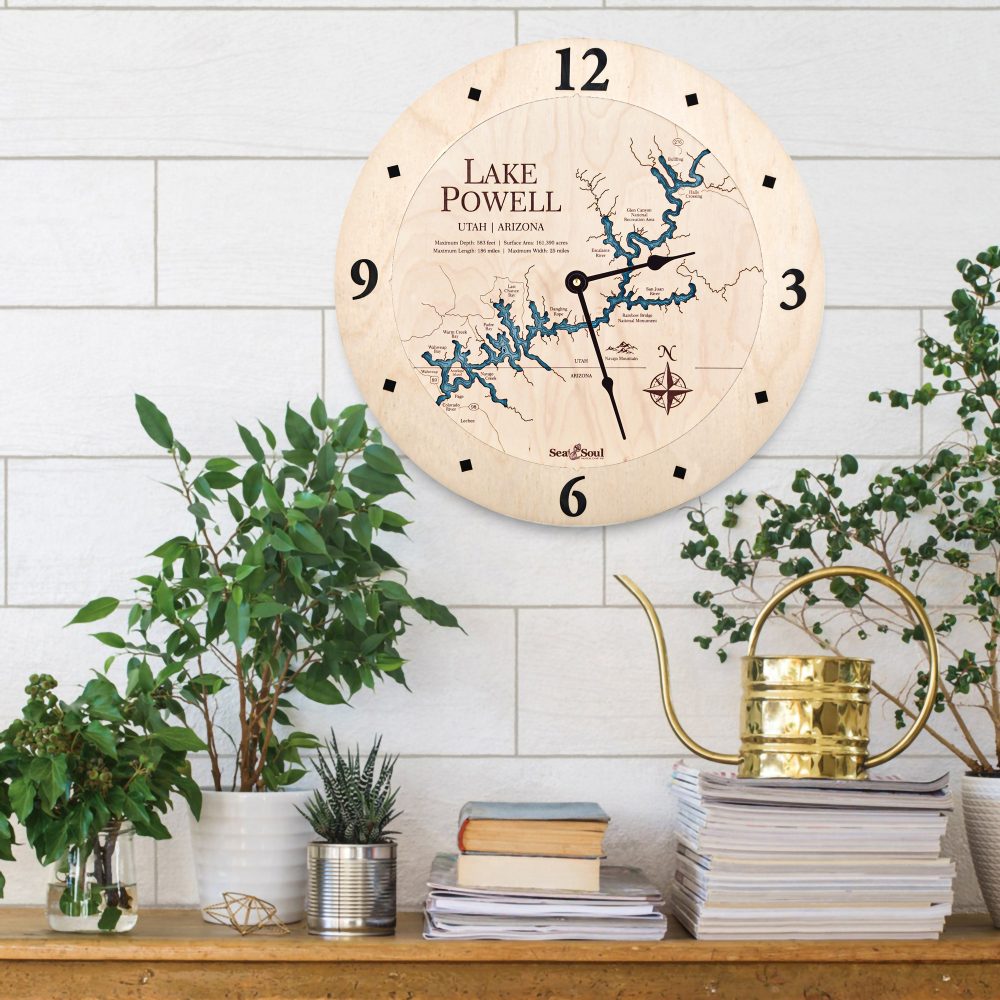 Lake Powell Nautical Clock Birch Accent with Blue Green Water on Wall