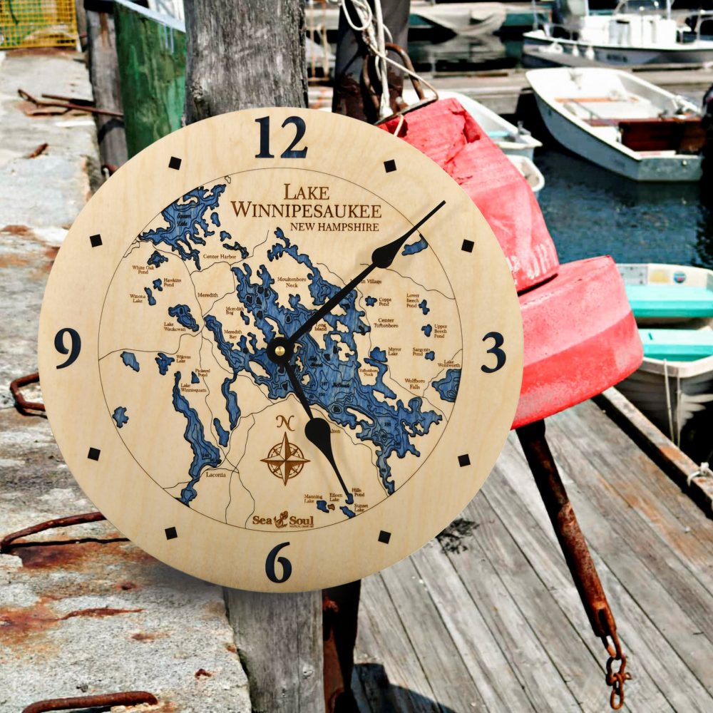 Lake Winnipesaukee Coastal Clock Birch Accent with Deep Blue Water in Use