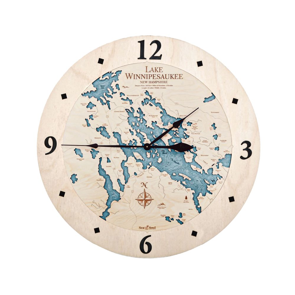 Lake Winnipesaukee Nautical Map Clock Birch Accent with Blue Green Water