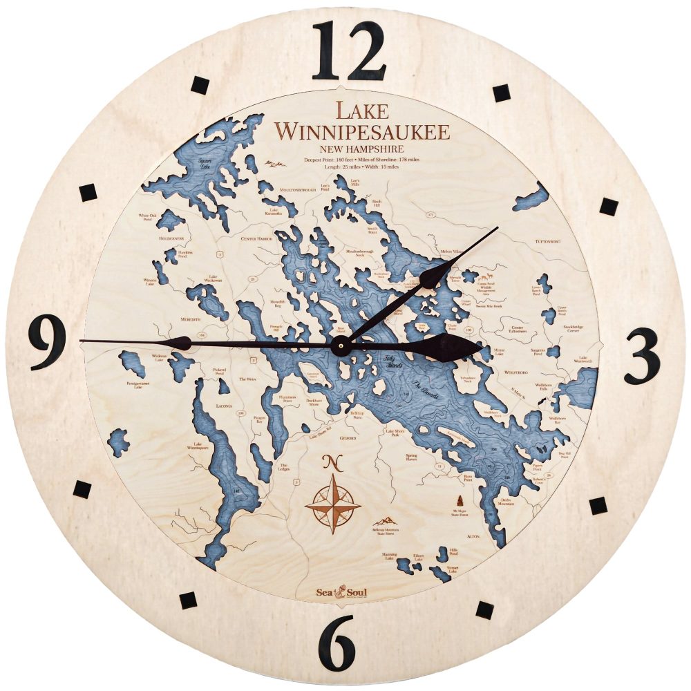 Lake Winnipesaukee Nautical Map Clock Birch Accent with Deep Blue Water Product Shot