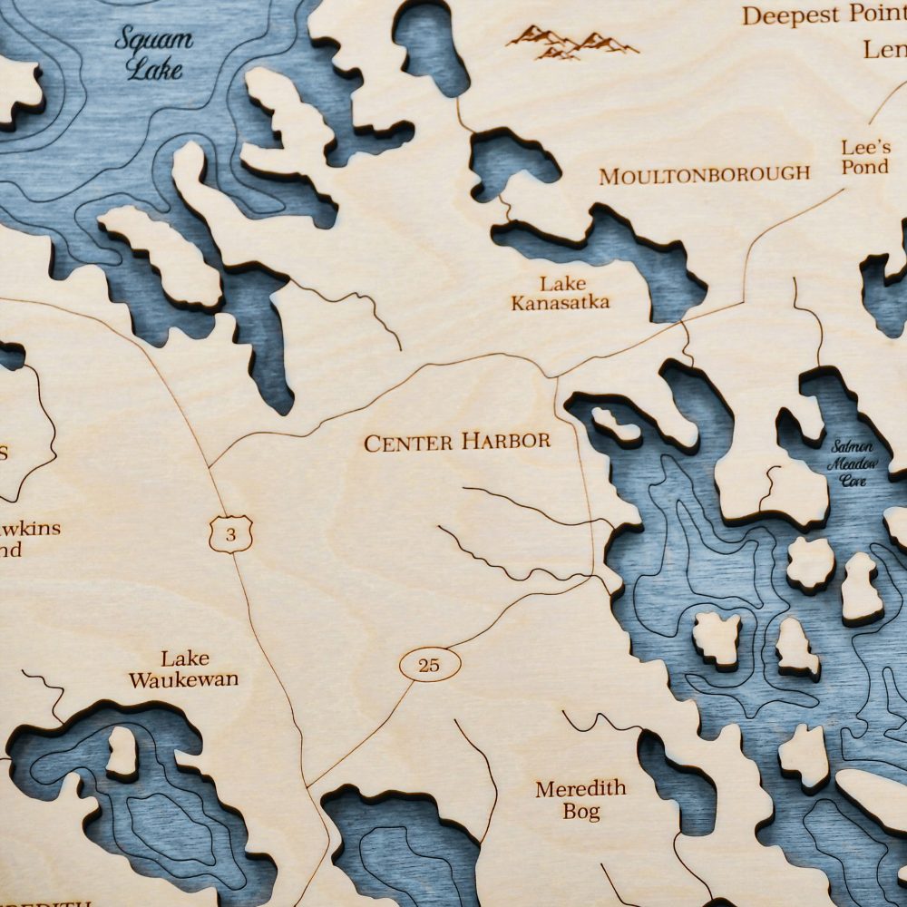 Lake Winnipesaukee Nautical Map Clock Birch Accent with Deep Blue Water Detail Shot 1