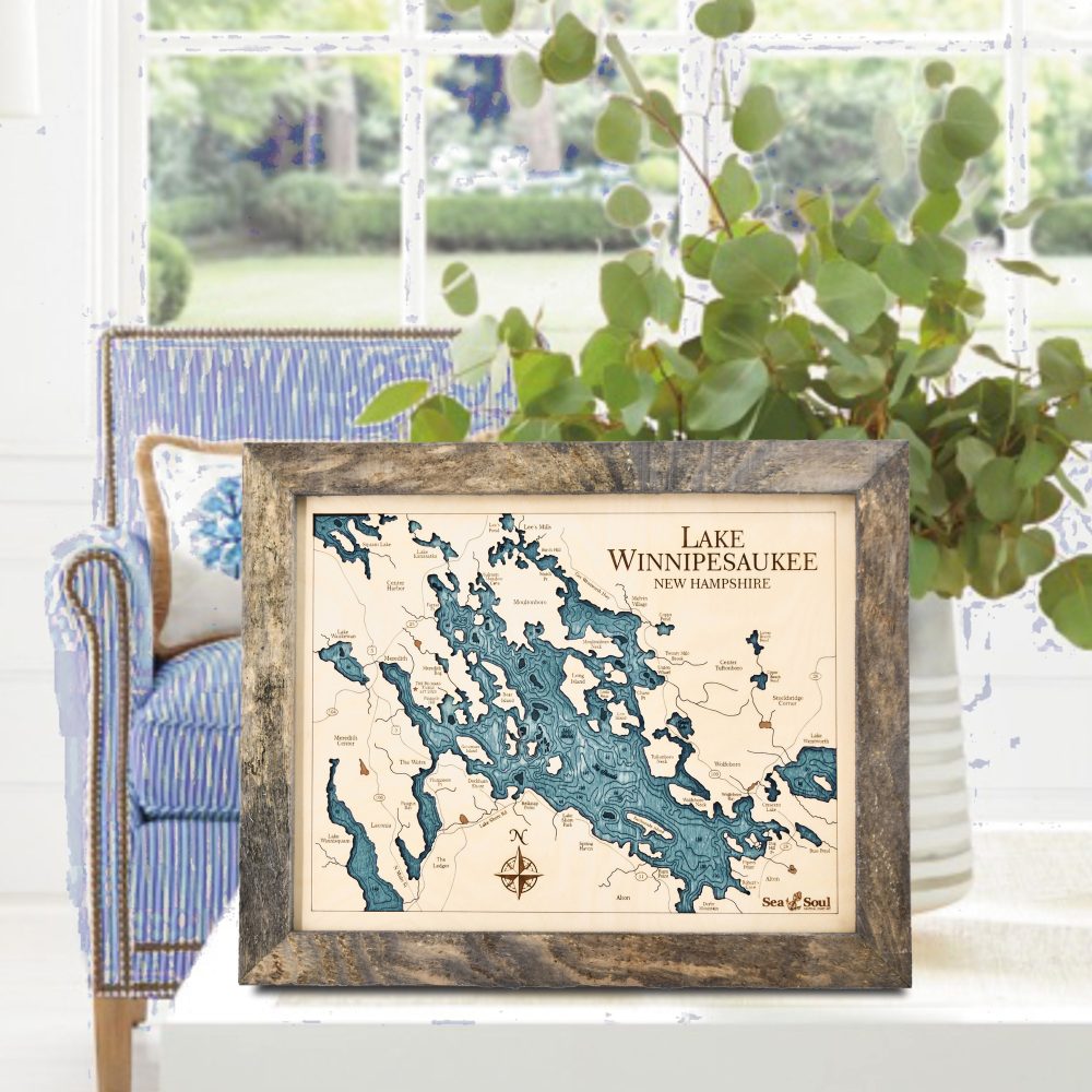 Lake Winnipesaukee Wall Art Rustic Pine Accent with Blue Green Water on Coffee Table