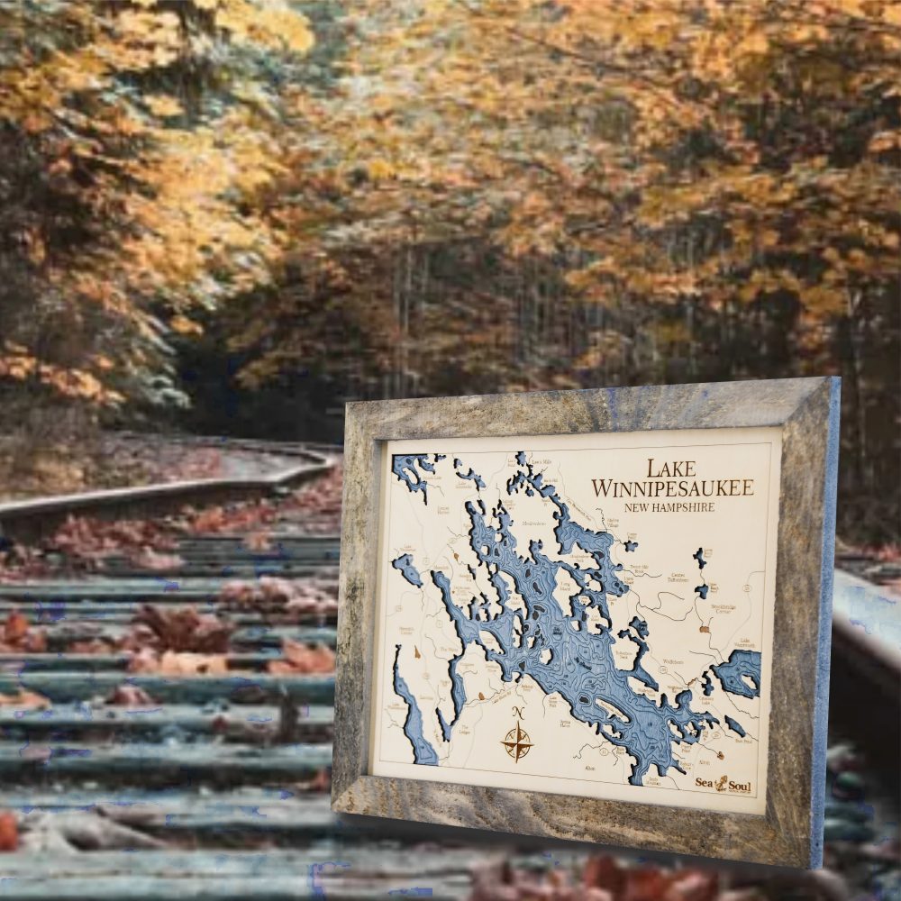 Lake Winnipesaukee Wall Art Rustic Pine with Deep Blue Water on Train Tracks