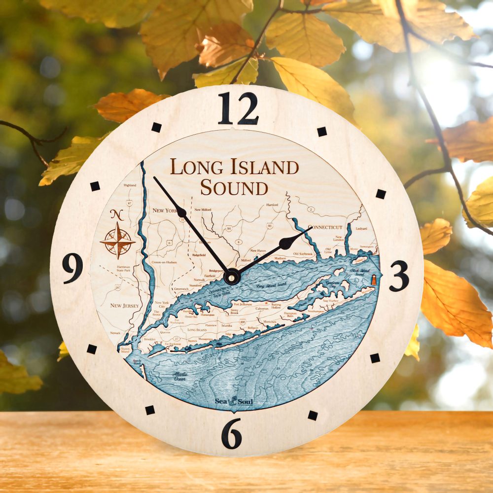Long Island Sound Nautical Clock Birch Accent with Blue Green Water on Table by Fall Leaves