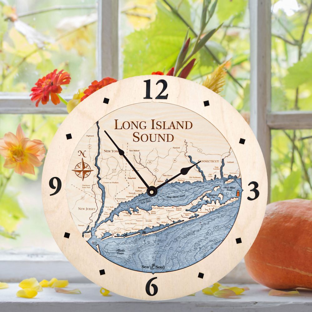 Long Island Sound Nautical Clock Birch Accent with Deep Blue Water on Windowsill with Pumpkin and Flowers