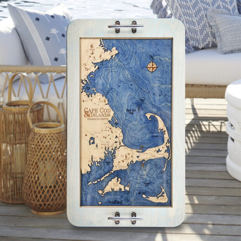 Cape Cod Serving Tray with Bleached Blue Frame and Blue Water in use