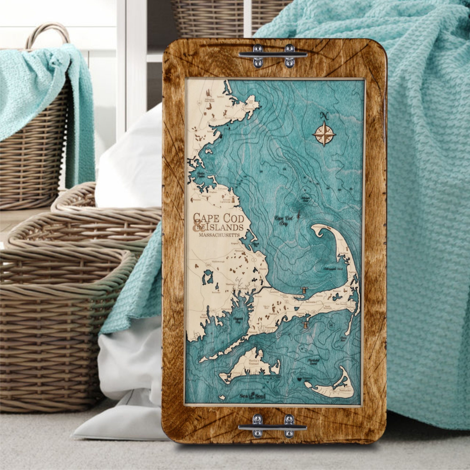 Cape Cod Serving Tray with Coffee Frame and Blue Green Water in use