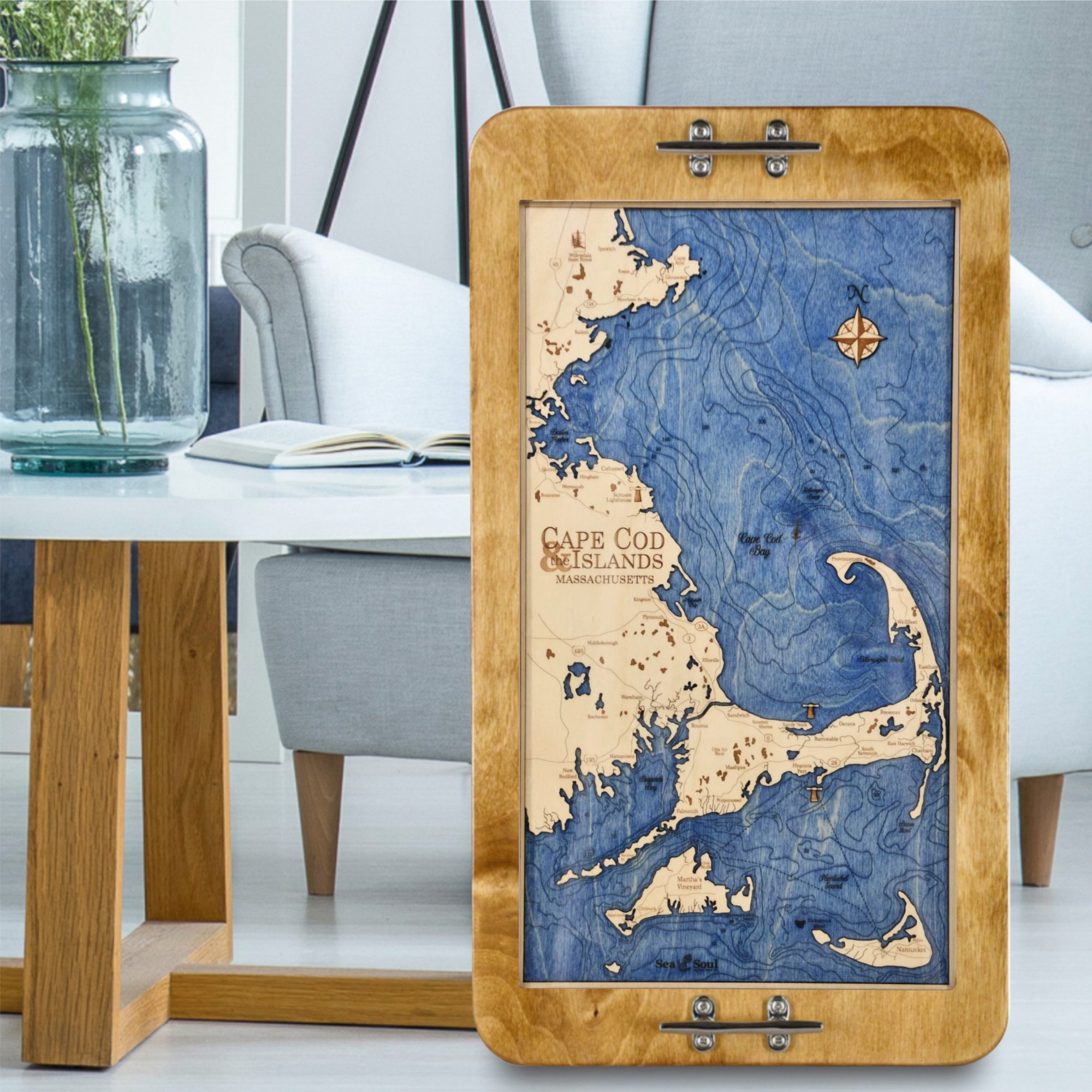 Cape Cod Serving Tray with Honey Frame and Blue Water in use
