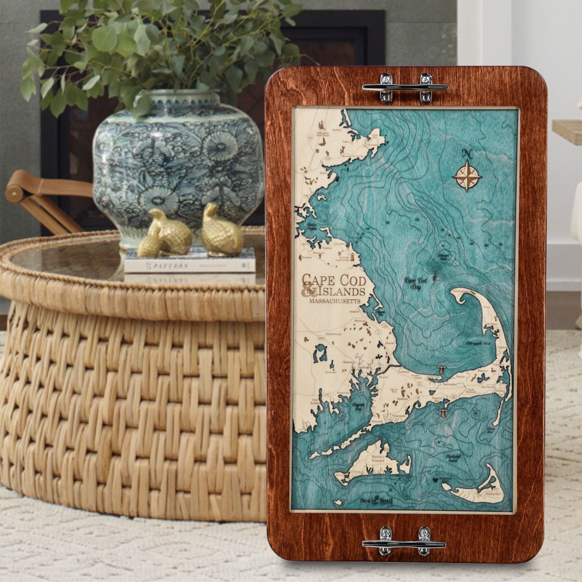 Cape Cod Serving Tray with Mahogany Frame and Blue Green Water in use