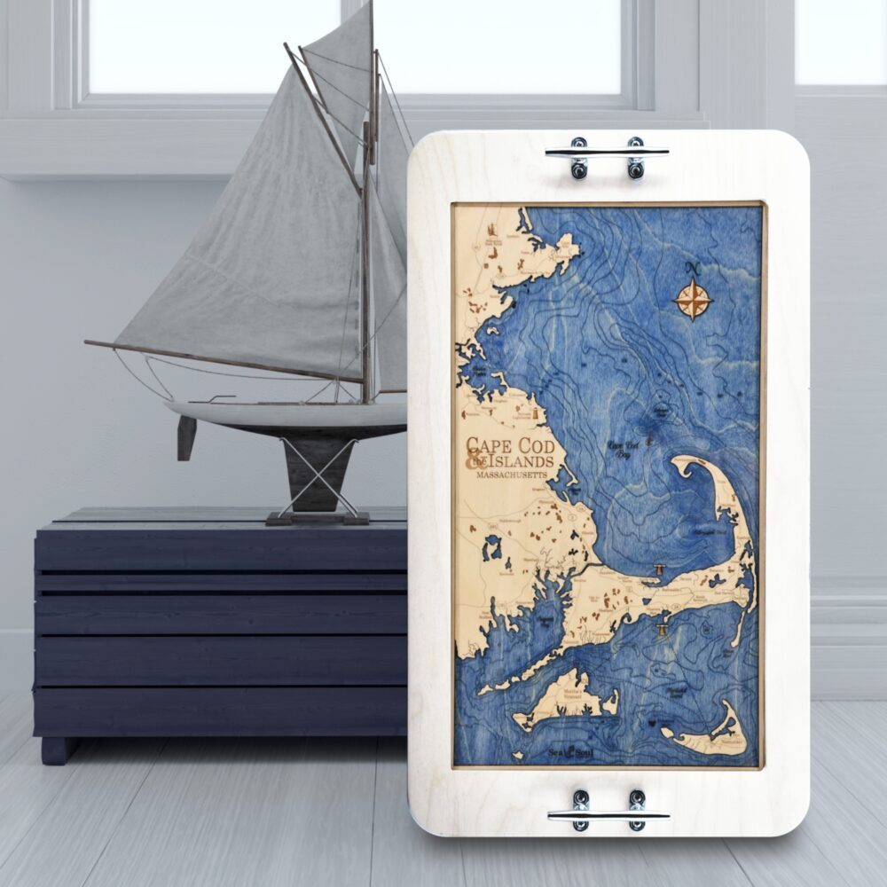 Cape Cod Serving Tray with Coastal White Frame and Blue Water in use