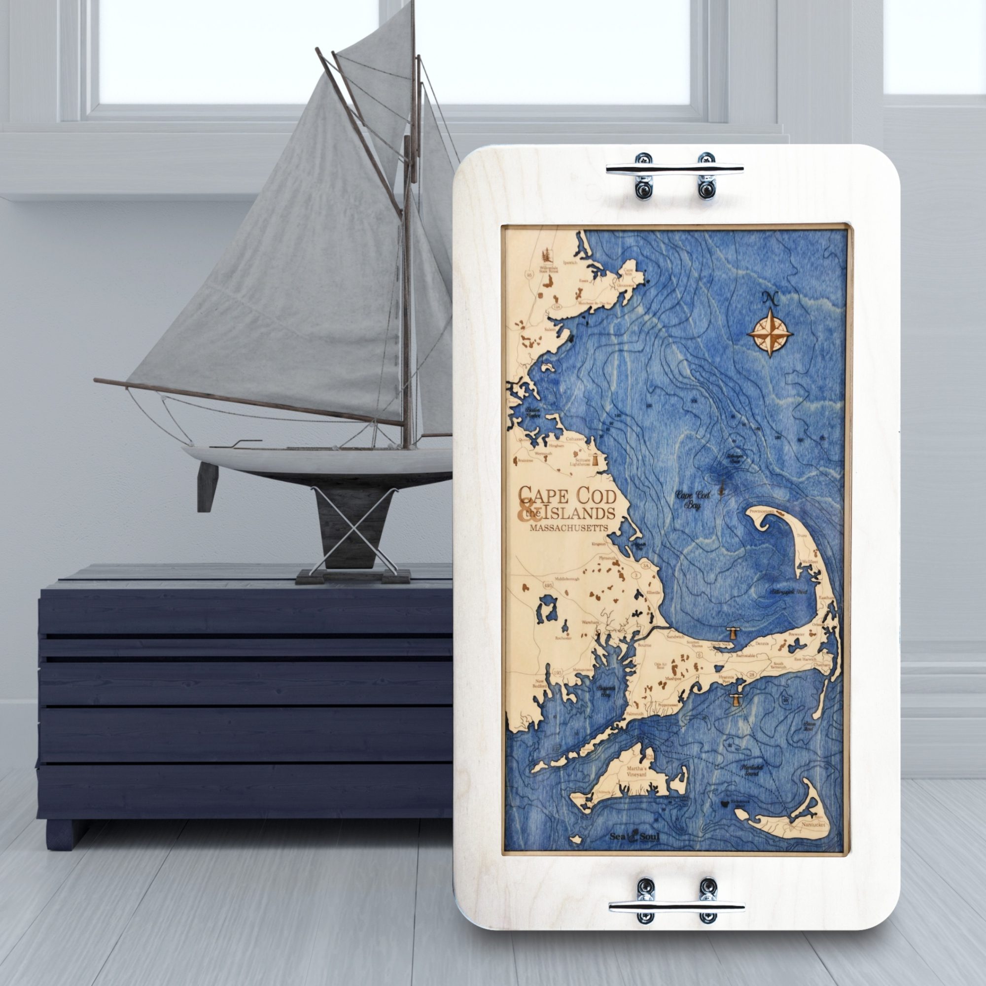 Cape Cod Serving Tray with Coastal White Frame and Blue Water in use