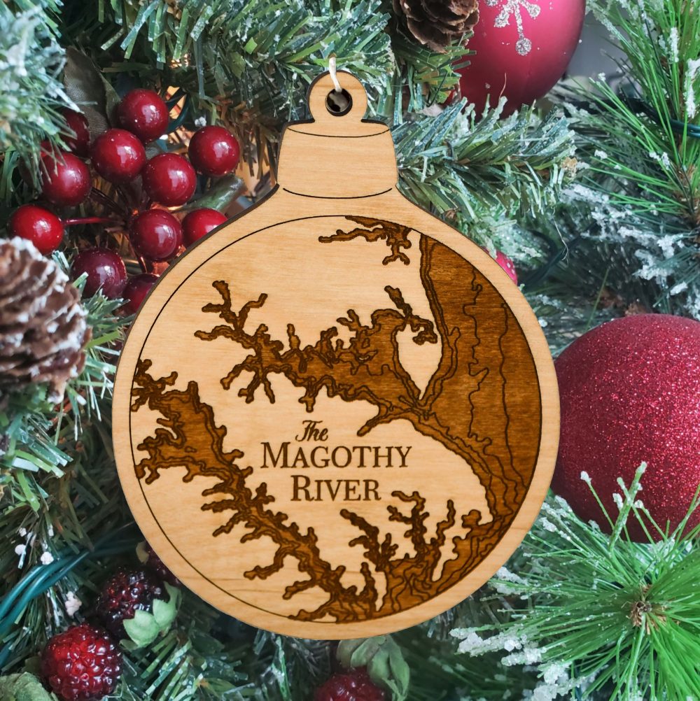 Magothy River Engraved Nautical Ornament Hanging on Christmas Tree with Red Ornaments