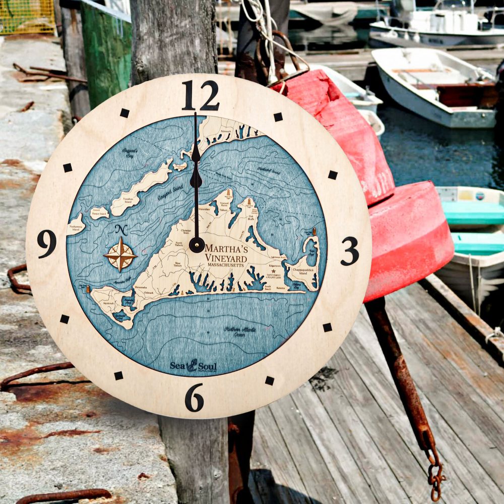 Martha's Vineyard Nautical Clock Birch Accent with Blue Green Water on Dock
