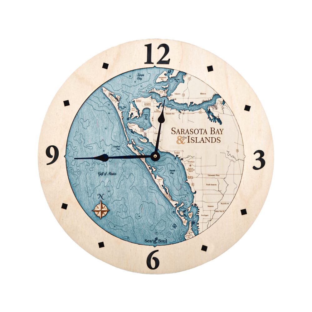 Sarasota Bay Nautical Clock Birch Accent with Blue Green Water