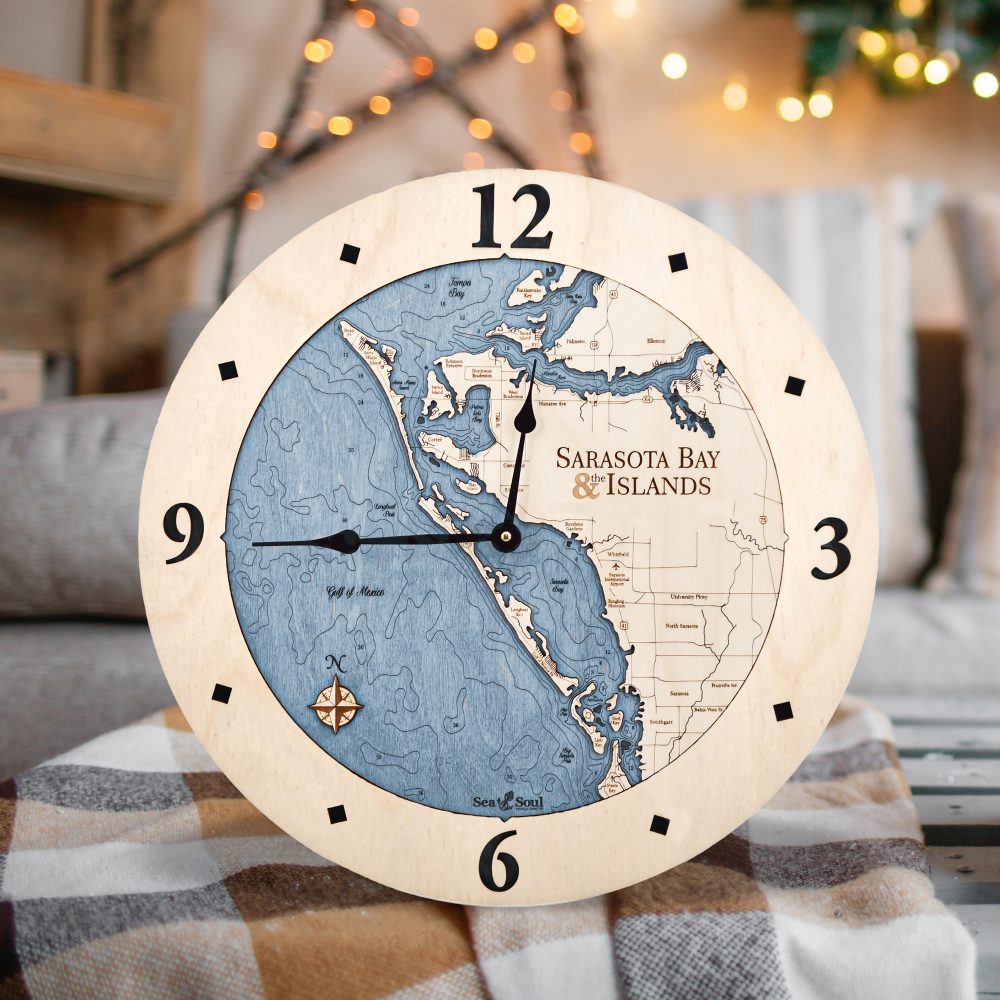 Sarasota Bay Nautical Clock Birch Accent with Deep Blue Water on Table with Blanket