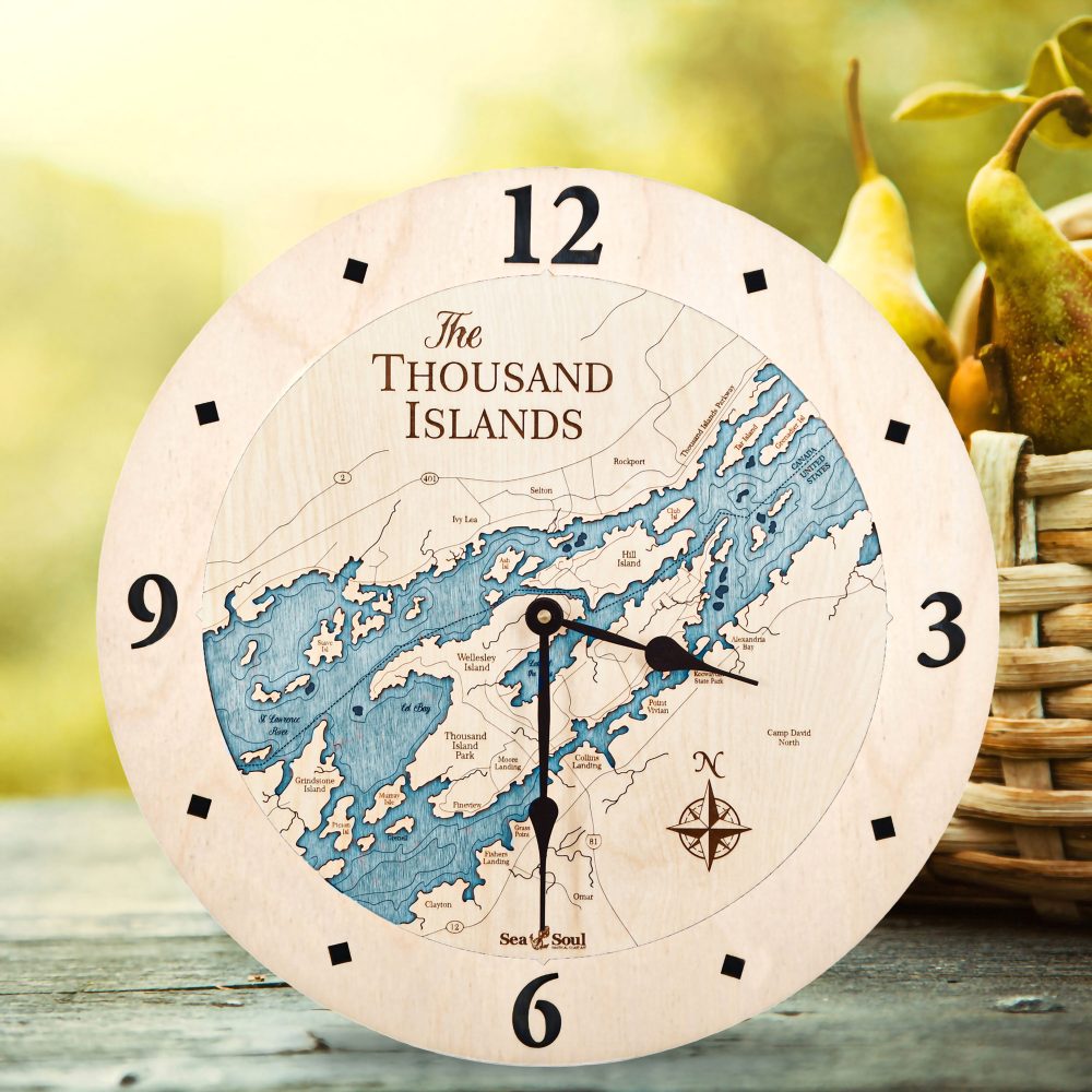 Thousand Islands Nautical Clock Birch Accent with Blue Green Water on Table with Basket of Pears
