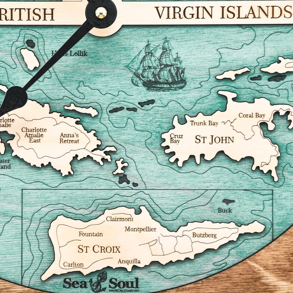 Virgin Islands Nautical Map Clock Americana Accent with Blue Green Water Detail Shot 1
