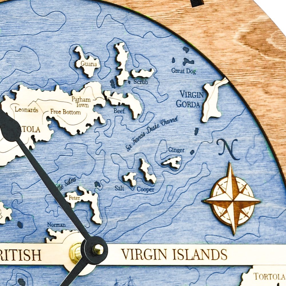Virgin Islands Nautical Map Clock Americana Accent with Deep Blue Water Detail Shot 2