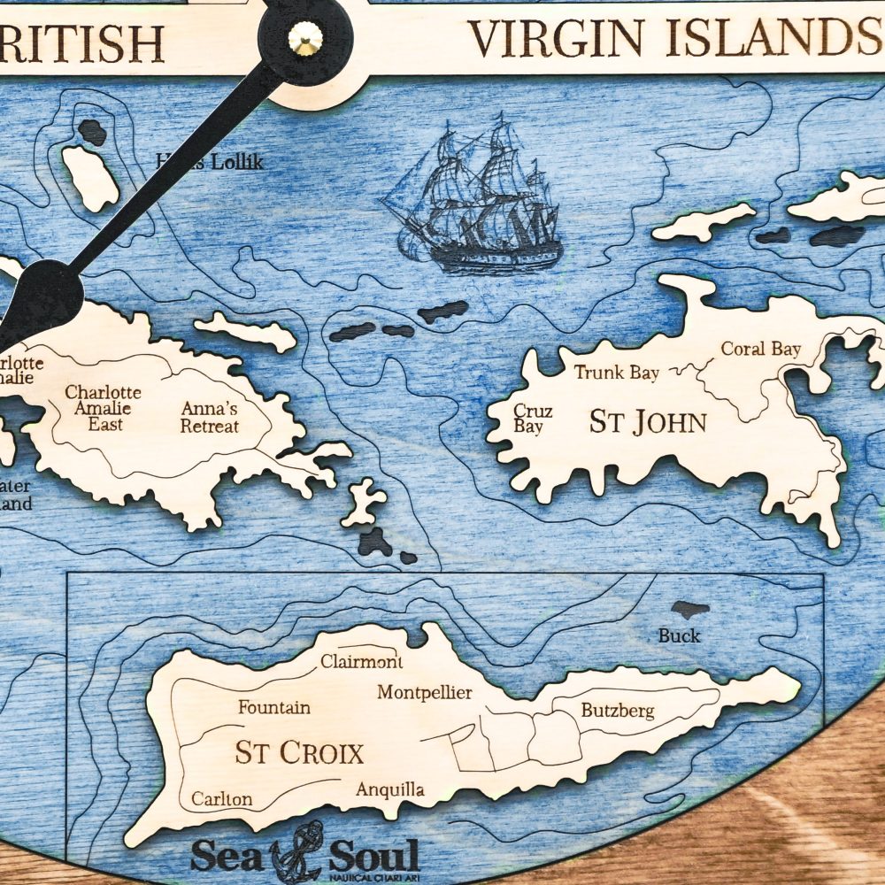 Virgin Islands Nautical Map Clock Americana Accent with Deep Blue Water Detail Shot 3