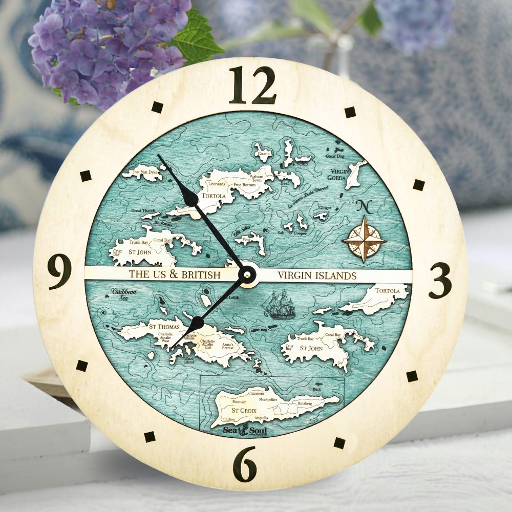 Virgin Islands Nautical Map Clock Birch Accent with Blue Green Water Sitting on Table with Flowers