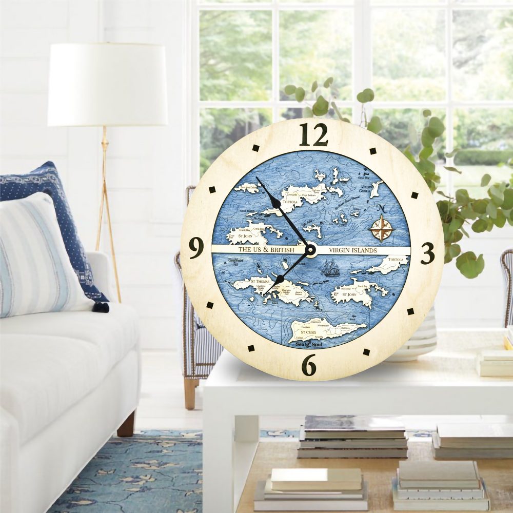 Virgin Islands Nautical Map Clock Birch Accent with Deep Blue Water sitting on Coffee Table