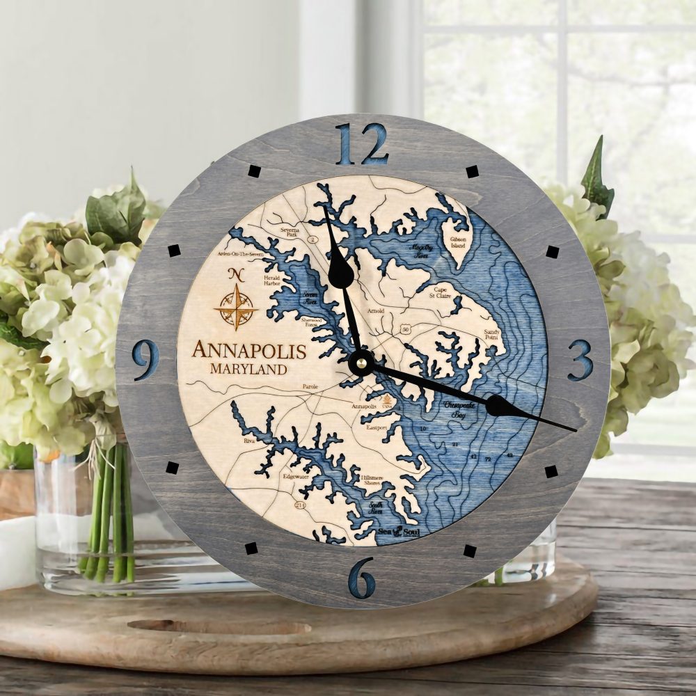 Annapolis Nautical Clock Driftwood Accent with Deep Blue Water by Flowers