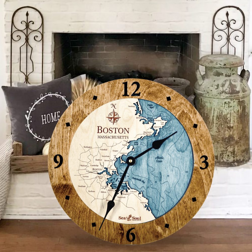 Boston Harbor Nautical Clock Americana Accent with Blue Green Water by Fireplace