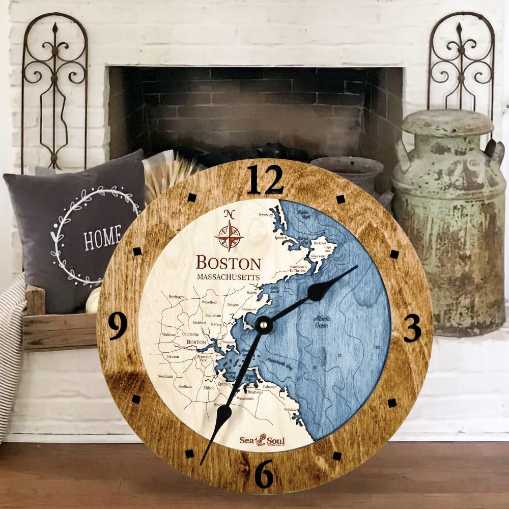 Boston Harbor Nautical Clock Americana Accent with Deep Blue Water by Fireplace