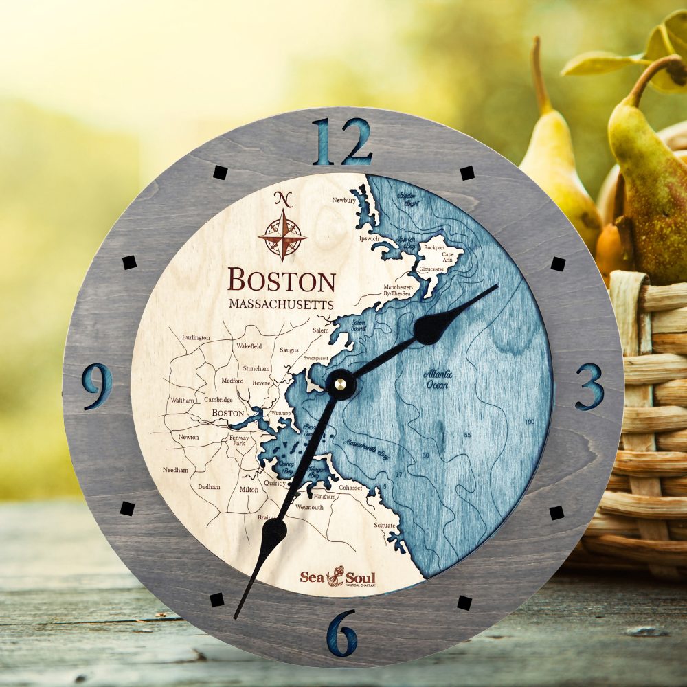 Boston Harbor Nautical Clock Driftwood Accent with Blue Green Water on Table with Fruit