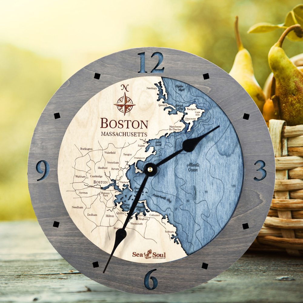 Boston Harbor Nautical Clock Driftwood Accent with Deep Blue Water on Table with Fruit