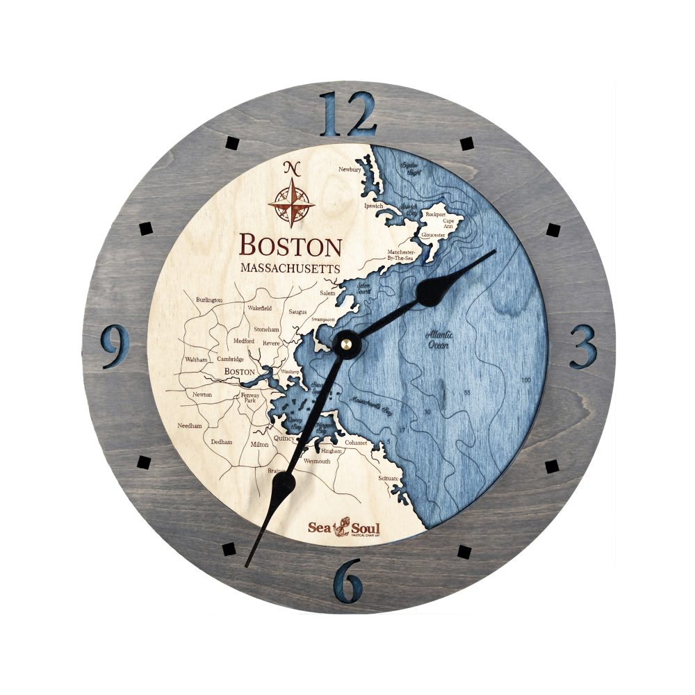 Boston Harbor Nautical Clock Driftwood Accent with Deep Blue Water