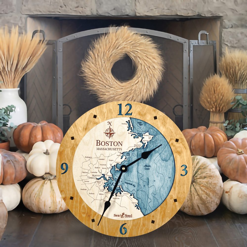Boston Harbor Nautical Clock Honey Accent with Blue Green Water by Fireplace