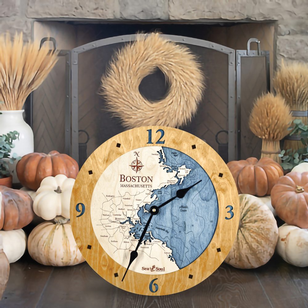 Bar Harbor Nautical Clock Honey Accent with Deep Blue Water by Fireplace