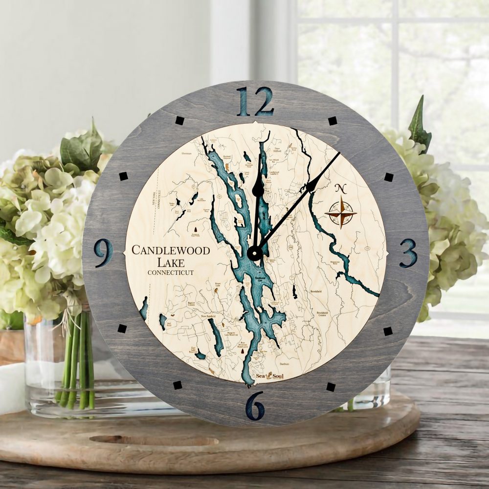 Candlewood Lake Nautical Clock Driftwood Accent with Blue Green Water on Table with Flowers