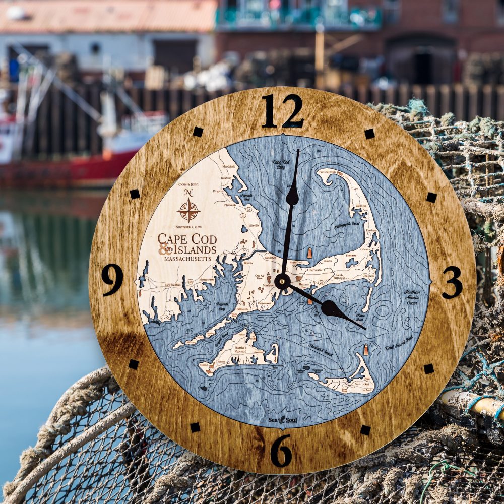 Cape Cod Nautical Clock Americana Accent with Deep Blue Water Sitting on Fishing Nets