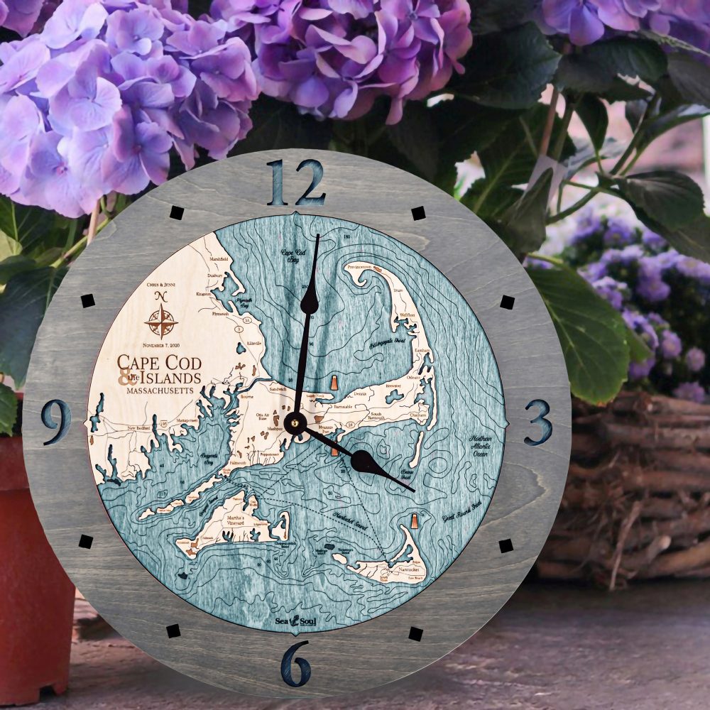 Cape Cod Nautical Clock Driftwood Accent with Blue Green Water Sitting on Ground by Flower Pots