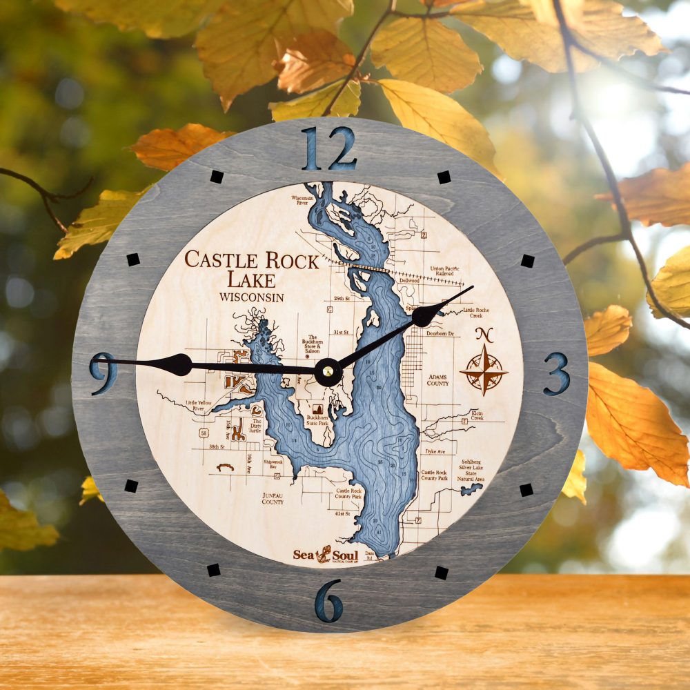 Castle Rock Lake Nautical Clock Driftwood Accent with Deep Blue Water on Table with Leaves
