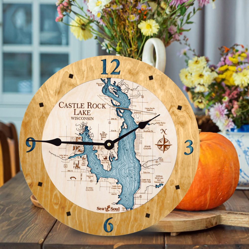 Castle Rock Lake Nautical Clock Honey Accent with Blue Green Water on Table with Pumpkins