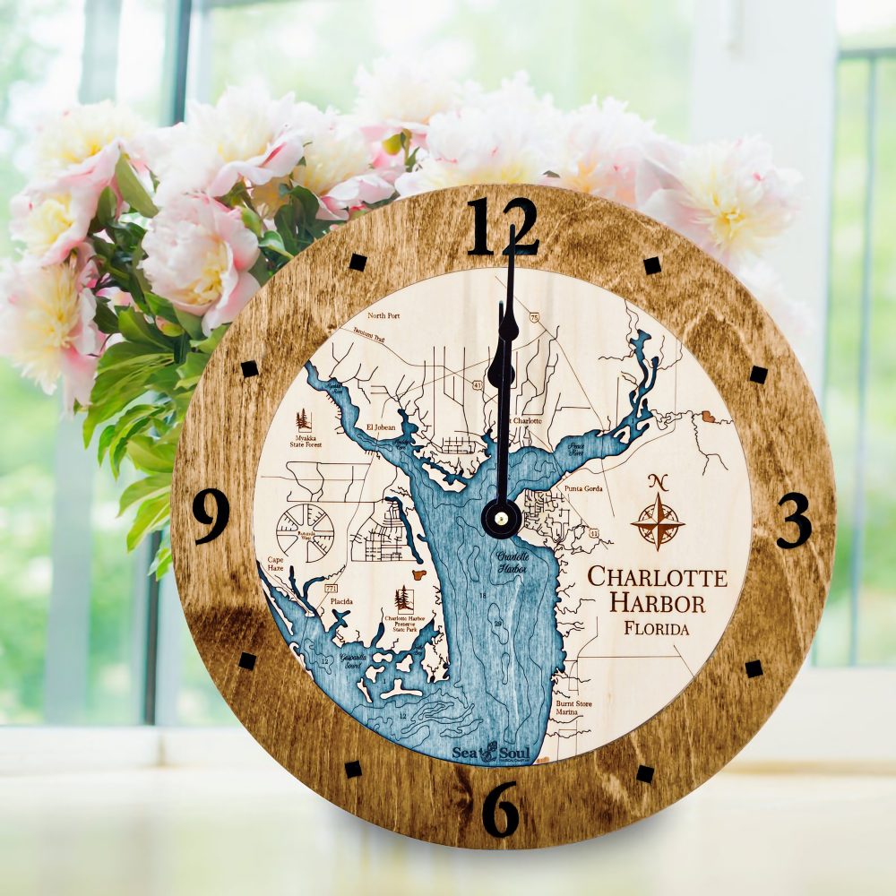 Charlotte Harbor Nautical Clock Americana Accent with Blue Green Water on Table with Flowers
