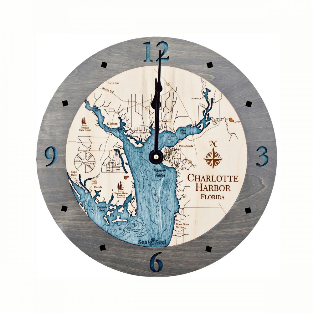 Charlotte Harbor Nautical Clock Driftwood Accent with Blue Green Water