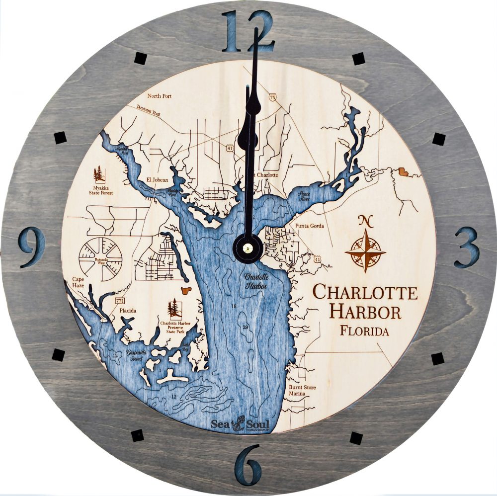Charlotte Harbor Nautical Clock Driftwood Accent with Deep Blue Water Product Shot