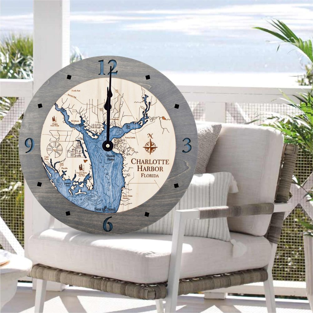 Charlotte Harbor Nautical Clock Driftwood Accent with Deep Blue Water on Chair