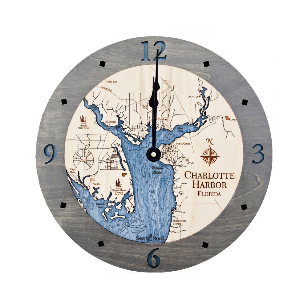 Charlotte Harbor Nautical Clock Driftwood Accent with Deep Blue Water
