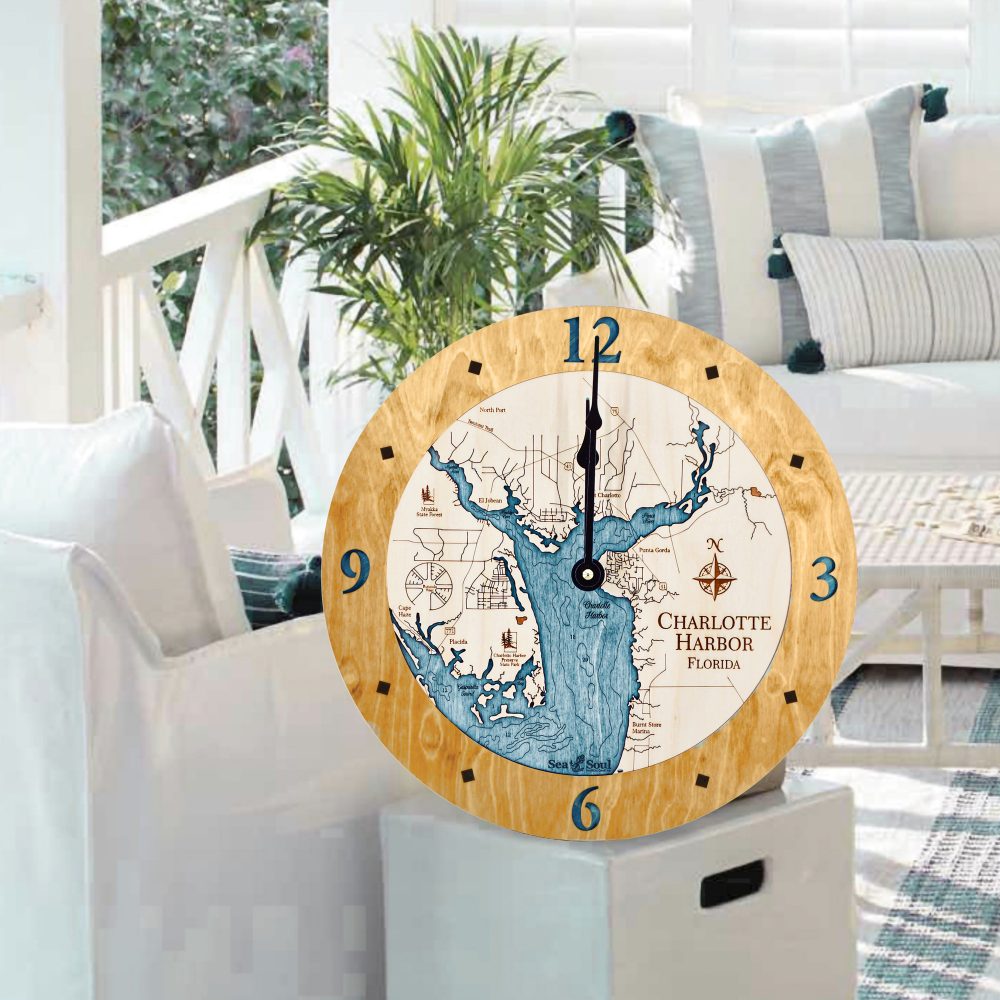 Charlotte Harbor Nautical Clock Honey Accent with Blue Green Water on End Table