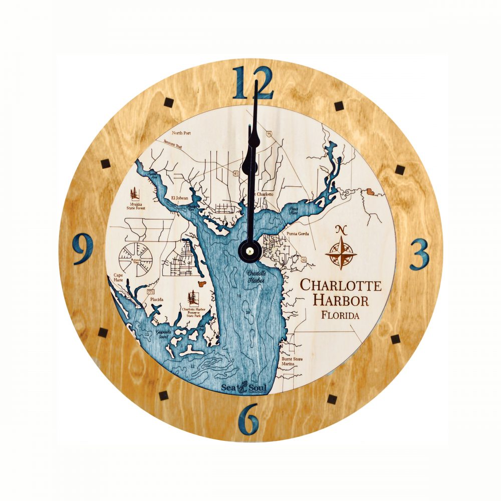Charlotte Harbor Nautical Clock Honey Accent with Blue Green Water