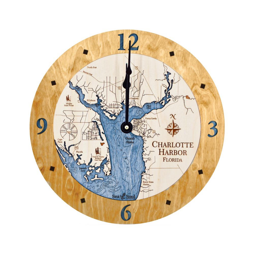 Charlotte Harbor Nautical Clock Honey Accent with Deep Blue Water