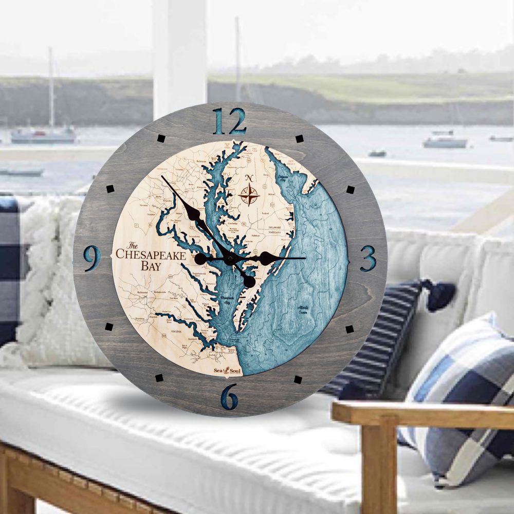 Chesapeake Bay Nautical Clock Driftwood Accent with Blue Green Water on Chair