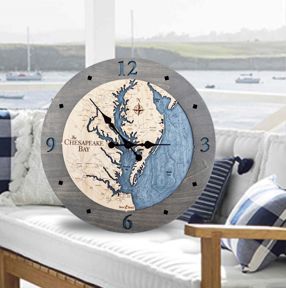 Chesapeake Bay Nautical Clock Driftwood Accent with Deep Blue Water on Chair