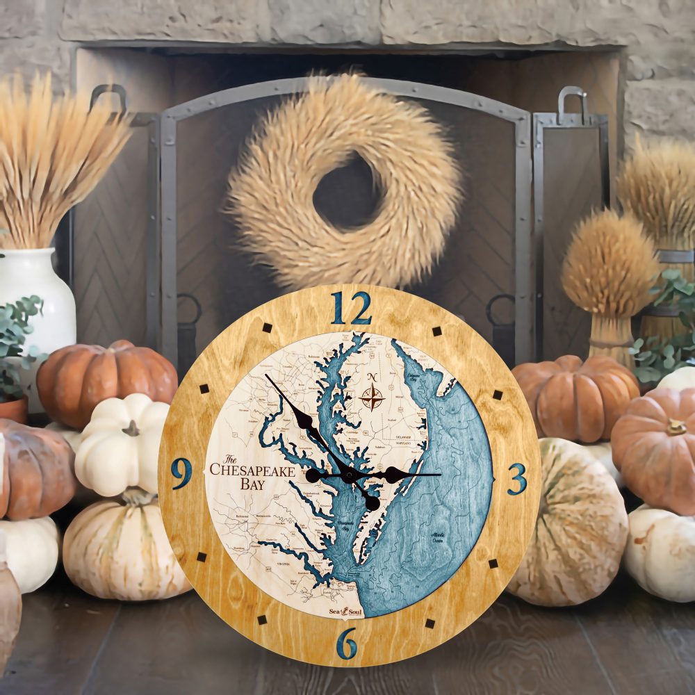 Chesapeake Bay Nautical Clock Honey Accent with Blue Green Water by Fireplace